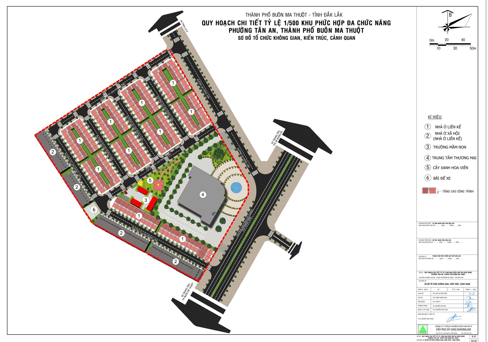 Phối cảnh quy hoạch khu đô thị Era City Buôn Ma Thuột với shophouse, trung tâm thương mại và công viên.